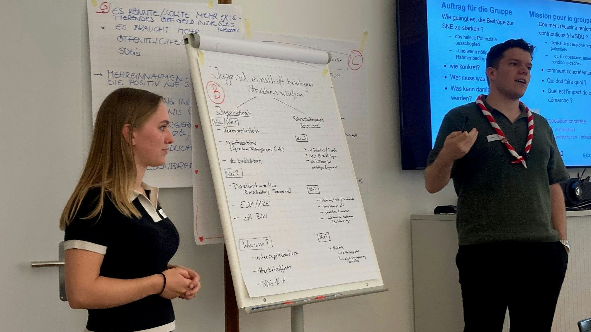 Teilnehmende eines Workshops erarbeiten auf Postern Ideen zur Umsetzung der Agenda 2030; Diskussionen und Präsentationen finden in Kleingruppen statt.