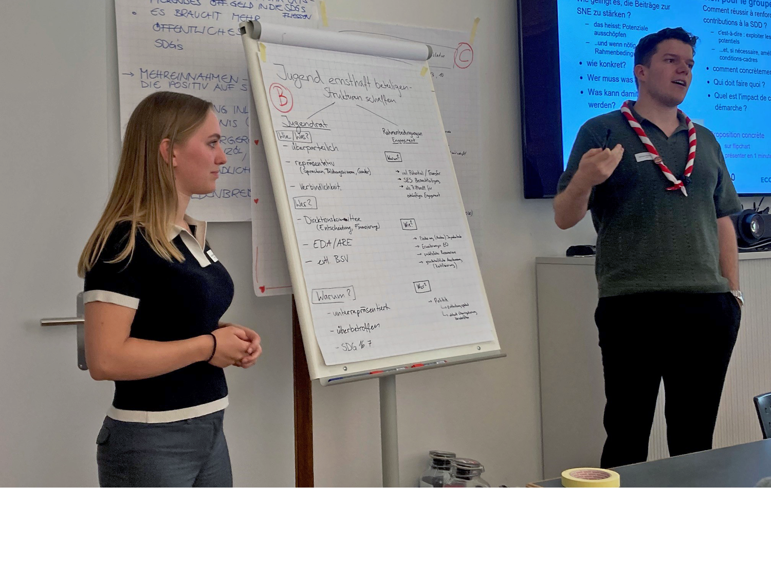 Teilnehmende eines Workshops erarbeiten auf Postern Ideen zur Umsetzung der Agenda 2030; Diskussionen und Präsentationen finden in Kleingruppen statt.