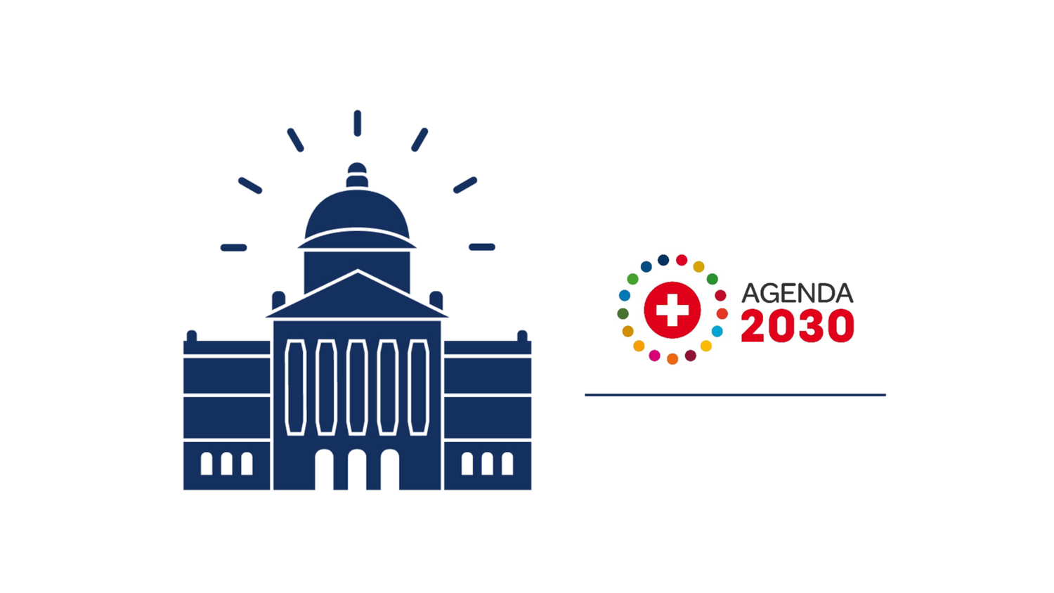 The picture shows an icon of the Bundeshaus (the German parliament building). Next to it is a round Swiss flag with a circle of dots in the colors of the 17 SDGs. To the right is the text “Agenda 2030”. 